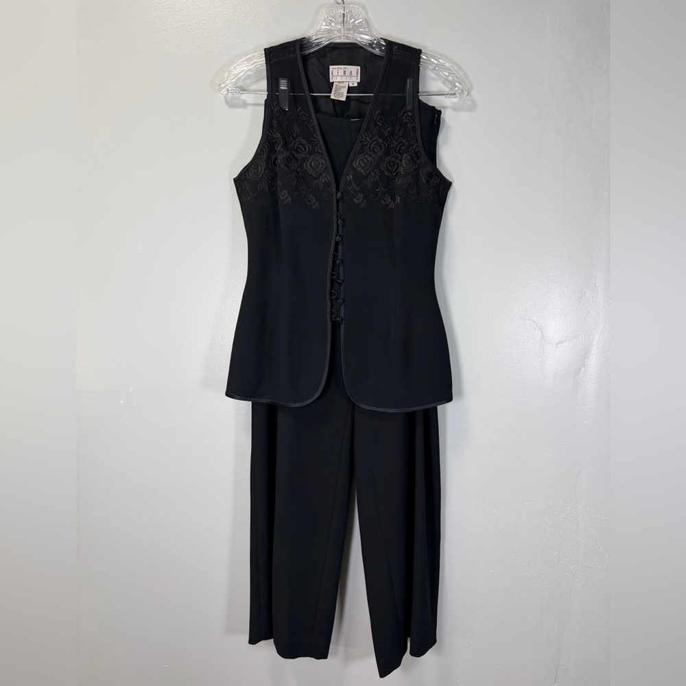 Kenar VTG Black‎ Sleeveless Pantsuit Embroidered Vest and Wide Leg Pants